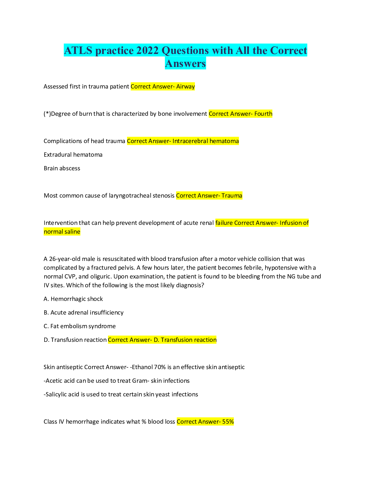 Preview image for ATLS practice 2022 Questions with All the Correct Answers